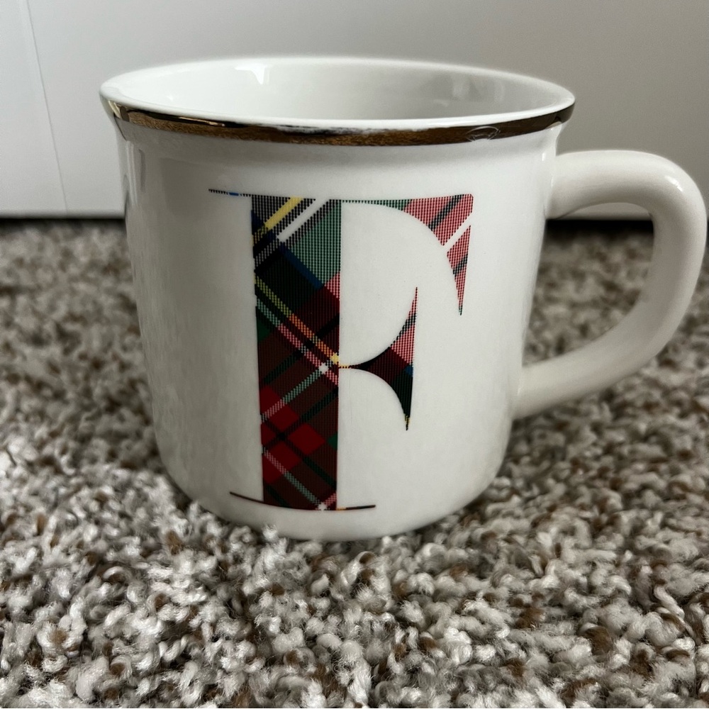 Pottery Barn Steward Plaid Alphabet Stoneware Mug With “F”